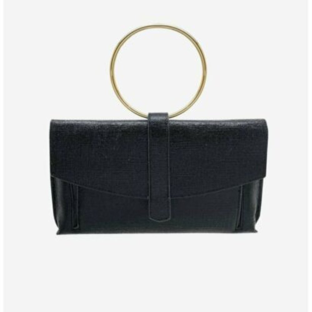 La Regale Women's Metallic Coated Ring Handle Envelope Clutch Crossbody - Black